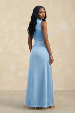 High Neck A - Line Bridesmaid Dress Wiht Slit in Sky Blue - KISS BRIDAL Bridesmaid Dresses