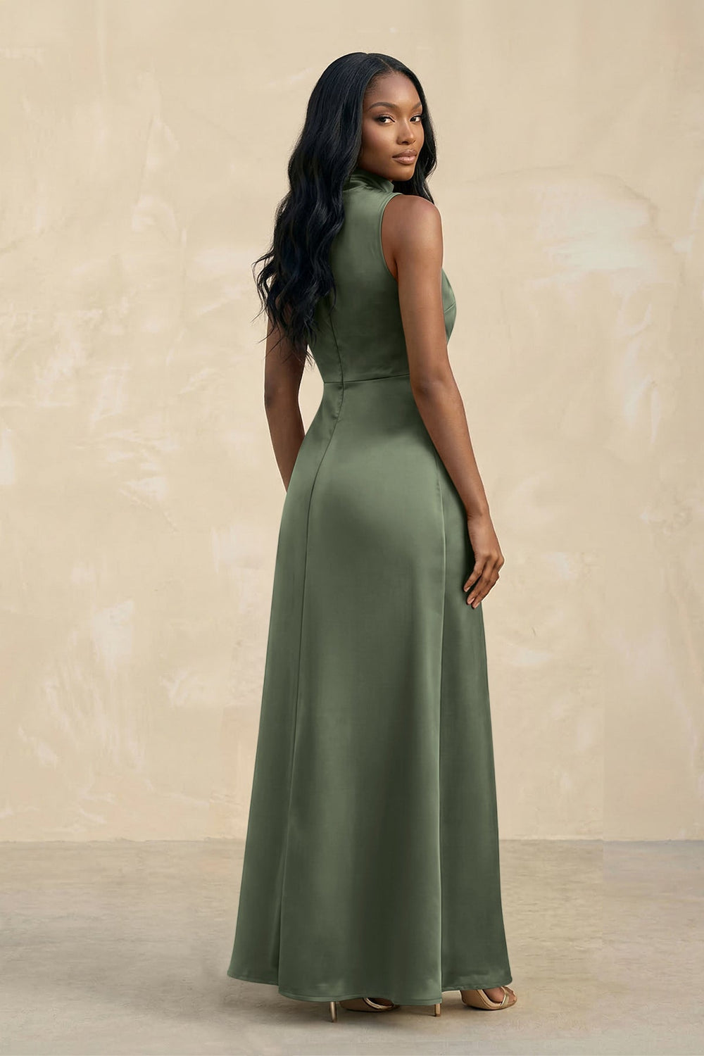 High Neck A - Line Bridesmaid Dress Wiht Slit in Thyme - KISS BRIDAL Bridesmaid Dresses