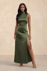 High Neck A - Line Bridesmaid Dress Wiht Slit in Willow Green - KISS BRIDAL Bridesmaid Dresses
