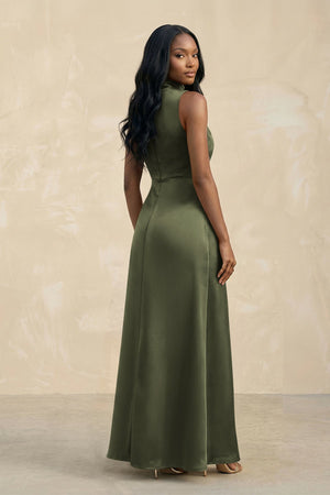 High Neck A - Line Bridesmaid Dress Wiht Slit in Willow Green - KISS BRIDAL Bridesmaid Dresses