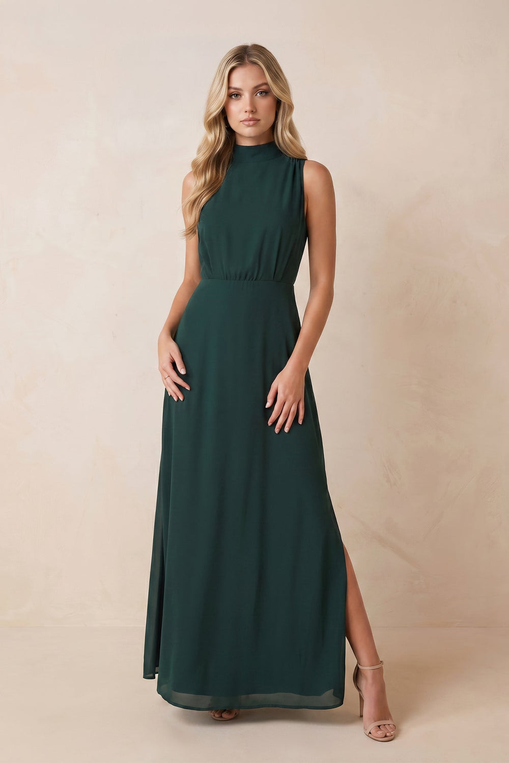 High Neck A-Line Chiffon Maxi Dress with Slit in Dark Green – KISS BRIDAL Dresses