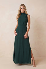 High Neck A-Line Chiffon Maxi Dress with Slit in Dark Green – KISS BRIDAL Dresses