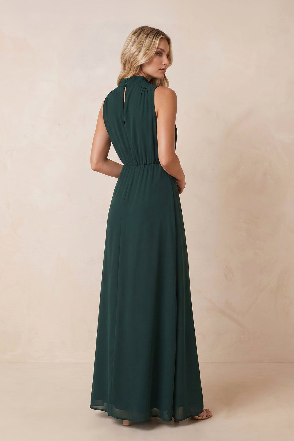 High Neck A-Line Chiffon Maxi Dress with Slit in Dark Green – KISS BRIDAL Dresses