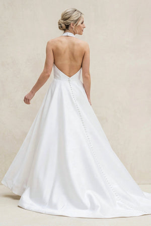 High Neck A - Line Satin Wedding Dress in White - SHE IS ME Wedding Dresses