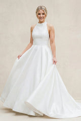 High Neck A - Line Satin Wedding Dress in White - KISS BRIDAL Wedding Dresses