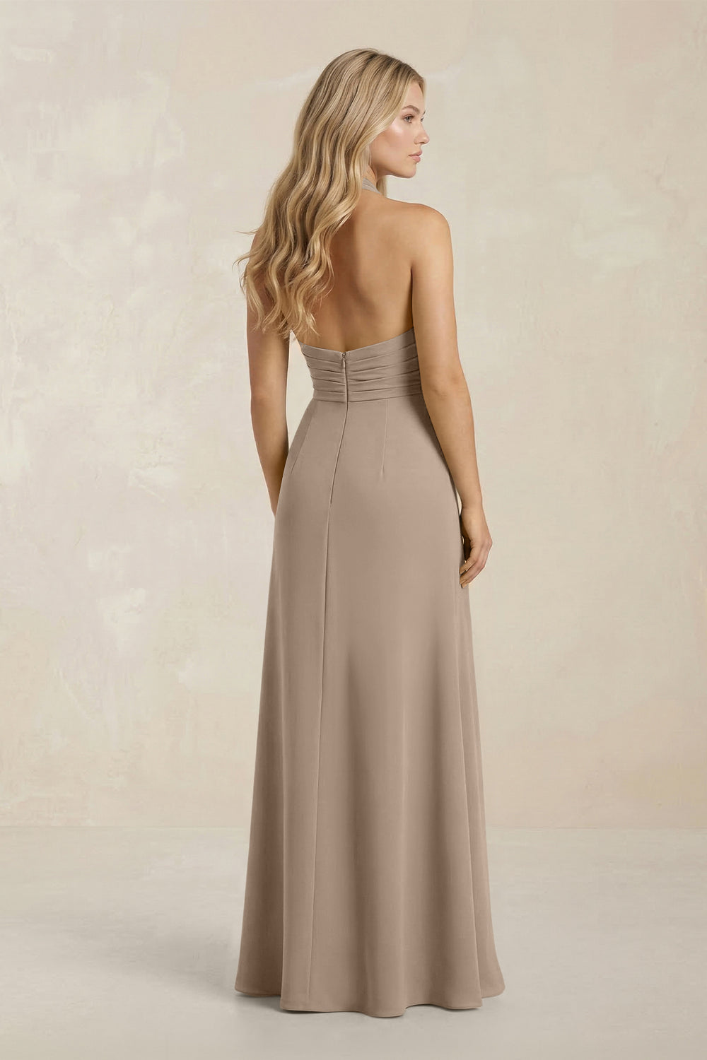 High Neck Chiffon Sheath Ruched Bridesmaid Dress in Almond