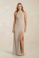 High Neck Chiffon Sheath Ruched Bridesmaid Dress in Almond - SHE IS ME Bridesmaid Dresses