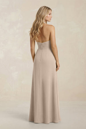 High Neck Chiffon Sheath Ruched Bridesmaid Dress in Almond - SHE IS ME Bridesmaid Dresses