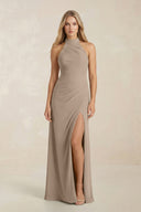 High Neck Chiffon Sheath Ruched Bridesmaid Dress in Almond | KISSBRIDAL
