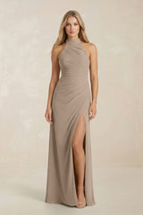 High Neck Chiffon Sheath Ruched Bridesmaid Dress in Almond | KISSBRIDAL