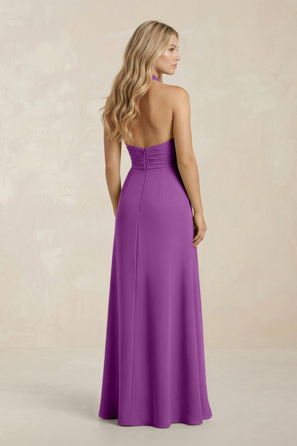 High Neck Chiffon Sheath Ruched Bridesmaid Dress in Amethyst - KISS BRIDAL Bridesmaid Dresses