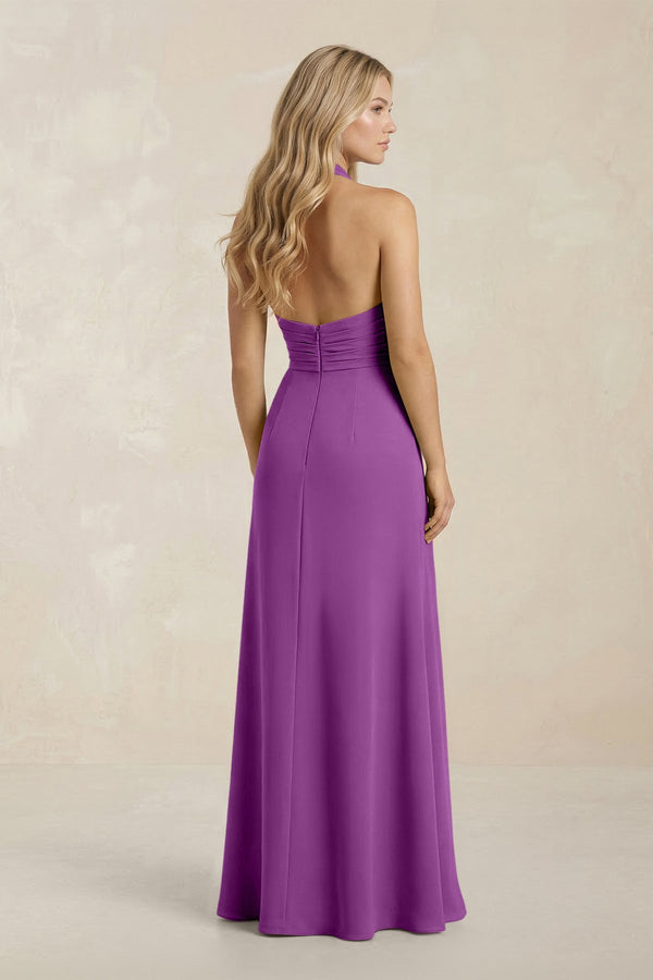 High Neck Chiffon Sheath Ruched Bridesmaid Dress in Amethyst - SHE IS ME Bridesmaid Dresses