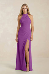 High Neck Chiffon Sheath Ruched Bridesmaid Dress in Amethyst - KISS BRIDAL Bridesmaid Dresses