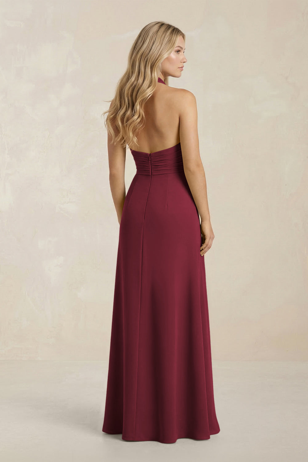 High Neck Chiffon Sheath Ruched Bridesmaid Dress in Berry