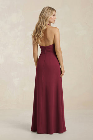 High Neck Chiffon Sheath Ruched Bridesmaid Dress in Berry (2) | KISSBRIDAL
