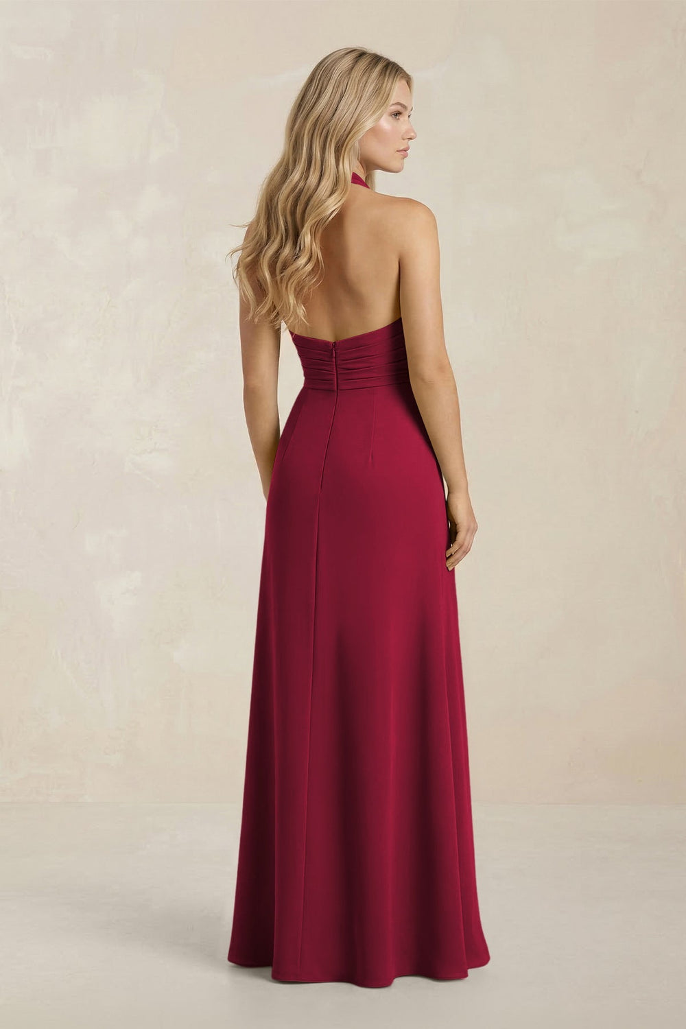 High Neck Chiffon Sheath Ruched Bridesmaid Dress in Berry - KISS BRIDAL Bridesmaid Dresses