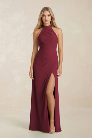 High Neck Chiffon Sheath Ruched Bridesmaid Dress in Berry | KISSBRIDAL