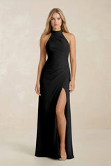 High Neck Chiffon Sheath Ruched Bridesmaid Dress in Black - KISS BRIDAL Bridesmaid Dresses