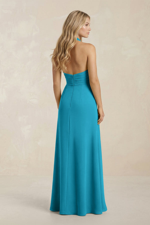 High Neck Chiffon Sheath Ruched Bridesmaid Dress in Blue Jay - SHE IS ME Bridesmaid Dresses