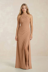 High Neck Chiffon Sheath Ruched Bridesmaid Dress in Bronzer - KISS BRIDAL Bridesmaid Dresses
