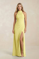 High Neck Chiffon Sheath Ruched Bridesmaid Dress in Buttercup - SHE IS ME Bridesmaid Dresses