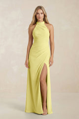 High Neck Chiffon Sheath Ruched Bridesmaid Dress in Buttercup - KISS BRIDAL Bridesmaid Dresses