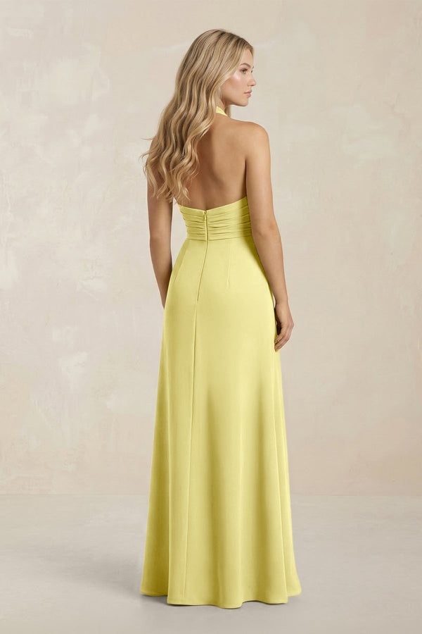 High Neck Chiffon Sheath Ruched Bridesmaid Dress in Buttercup - SHE IS ME Bridesmaid Dresses