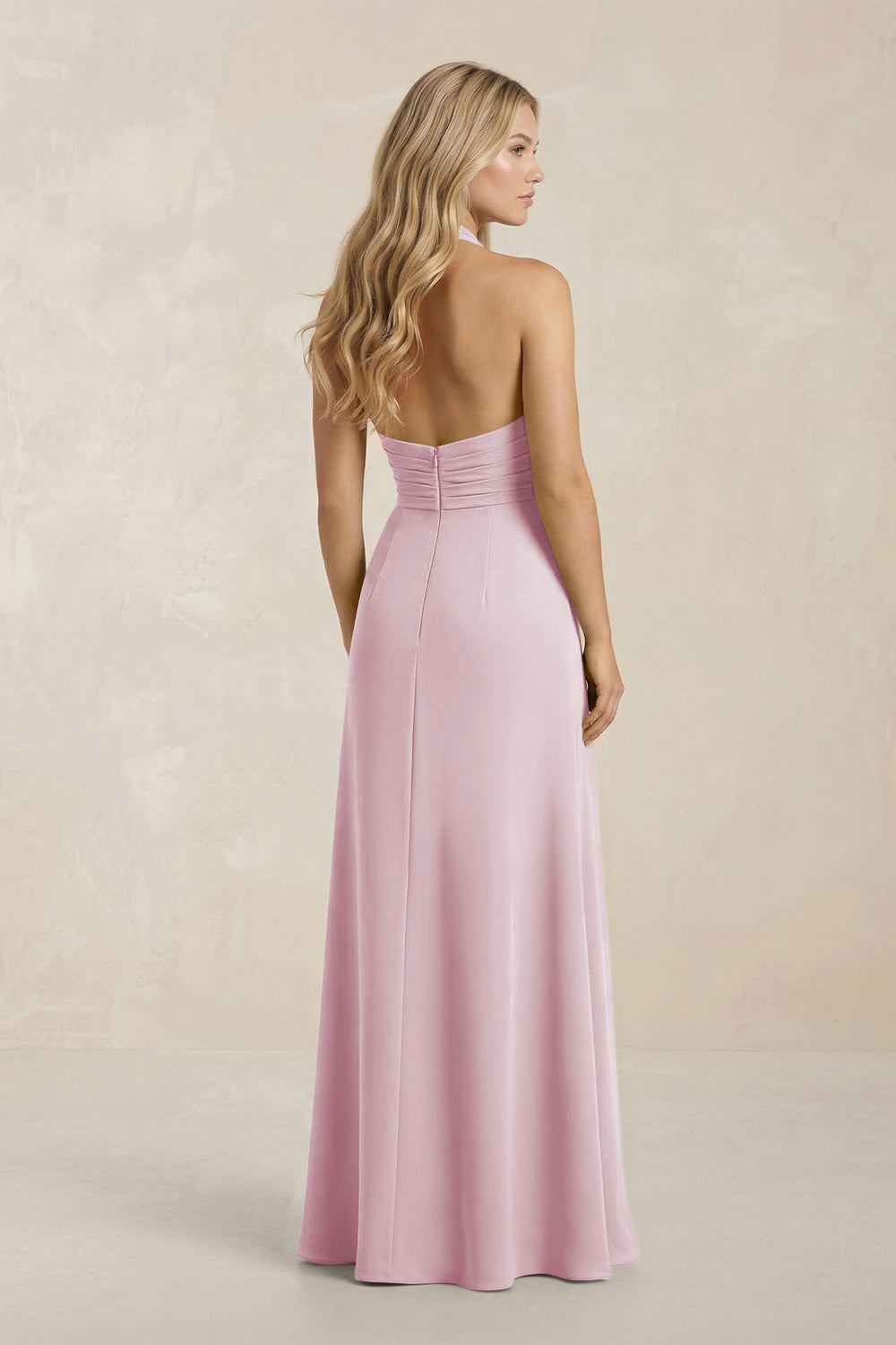 High Neck Chiffon Sheath Ruched Bridesmaid Dress in Candy Pink