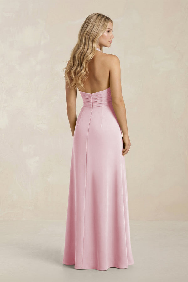High Neck Chiffon Sheath Ruched Bridesmaid Dress in Candy Pink - SHE IS ME Bridesmaid Dresses
