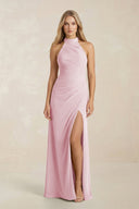High Neck Chiffon Sheath Ruched Bridesmaid Dress in Candy Pink - SHE IS ME Bridesmaid Dresses