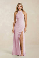 High Neck Chiffon Sheath Ruched Bridesmaid Dress in Candy Pink | KISSBRIDAL