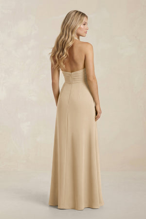 High Neck Chiffon Sheath Ruched Bridesmaid Dress in Champagne (2) | KISSBRIDAL