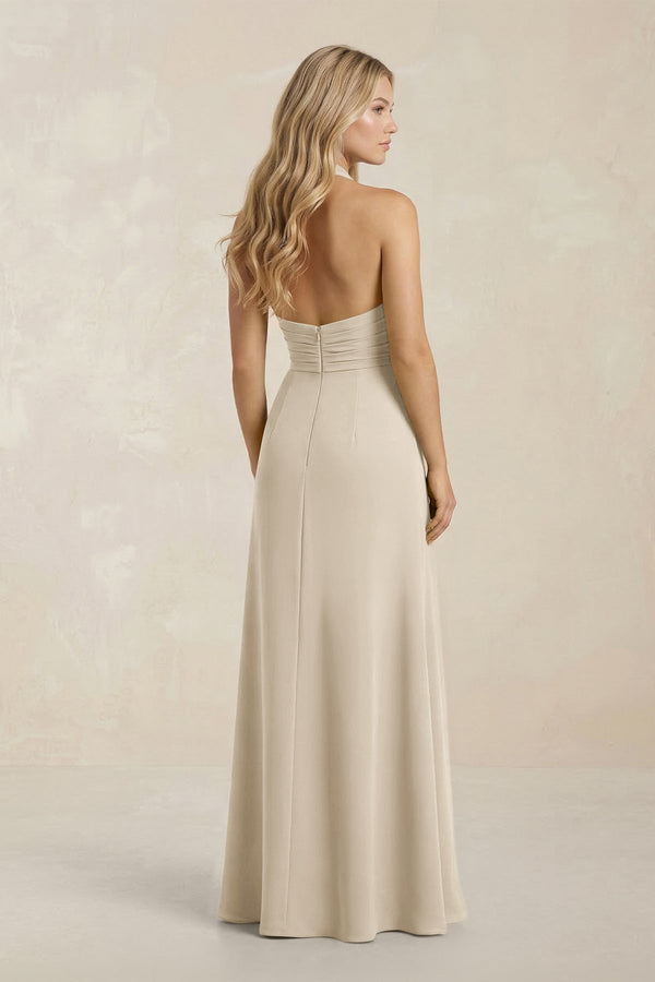 High Neck Chiffon Sheath Ruched Bridesmaid Dress in Champagne - SHE IS ME Bridesmaid Dresses