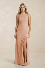 High Neck Chiffon Sheath Ruched Bridesmaid Dress in Champagne Rose - KISS BRIDAL Bridesmaid Dresses