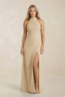 High Neck Chiffon Sheath Ruched Bridesmaid Dress in Champagne | KISSBRIDAL