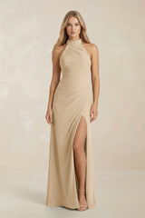 High Neck Chiffon Sheath Ruched Bridesmaid Dress in Champagne | KISSBRIDAL