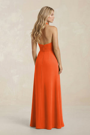 High Neck Chiffon Sheath Ruched Bridesmaid Dress in Cinnamon (2) | KISSBRIDAL