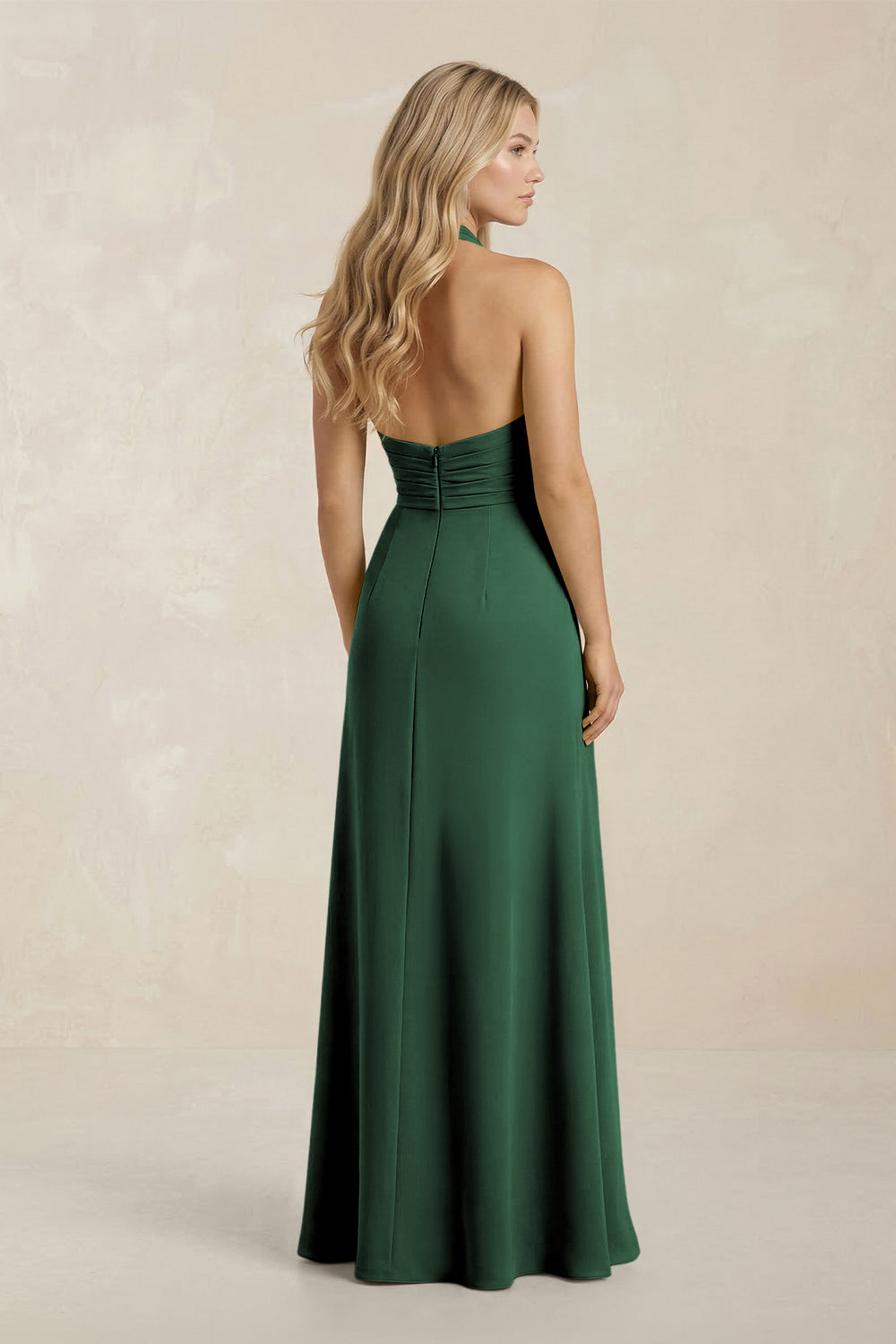 High Neck Chiffon Sheath Ruched Bridesmaid Dress in Dark Green