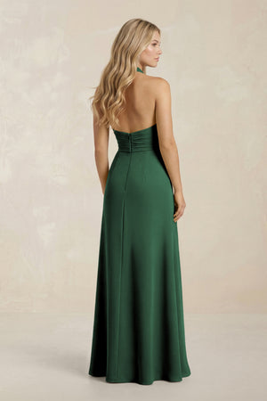 High Neck Chiffon Sheath Ruched Bridesmaid Dress in Dark Green (2) | KISSBRIDAL