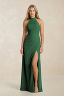 High Neck Chiffon Sheath Ruched Bridesmaid Dress in Dark Green - SHE IS ME Bridesmaid Dresses
