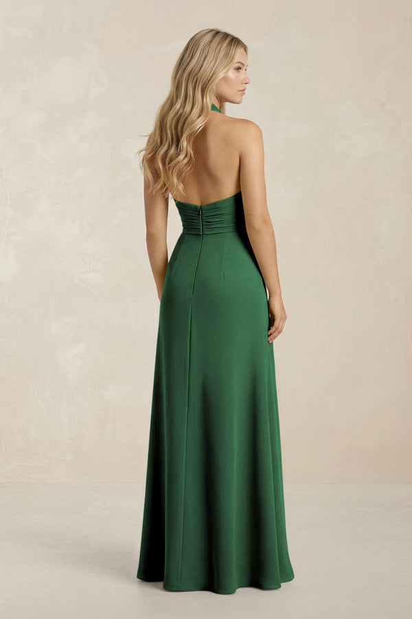 High Neck Chiffon Sheath Ruched Bridesmaid Dress in Dark Green - SHE IS ME Bridesmaid Dresses