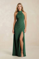 High Neck Chiffon Sheath Ruched Bridesmaid Dress in Dark Green | KISSBRIDAL