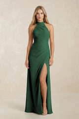 High Neck Chiffon Sheath Ruched Bridesmaid Dress in Dark Green | KISSBRIDAL