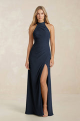 High Neck Chiffon Sheath Ruched Bridesmaid Dress in Dark Navy - KISS BRIDAL Bridesmaid Dresses
