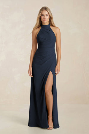 High Neck Chiffon Sheath Ruched Bridesmaid Dress in Dark Navy - SHE IS ME Bridesmaid Dresses