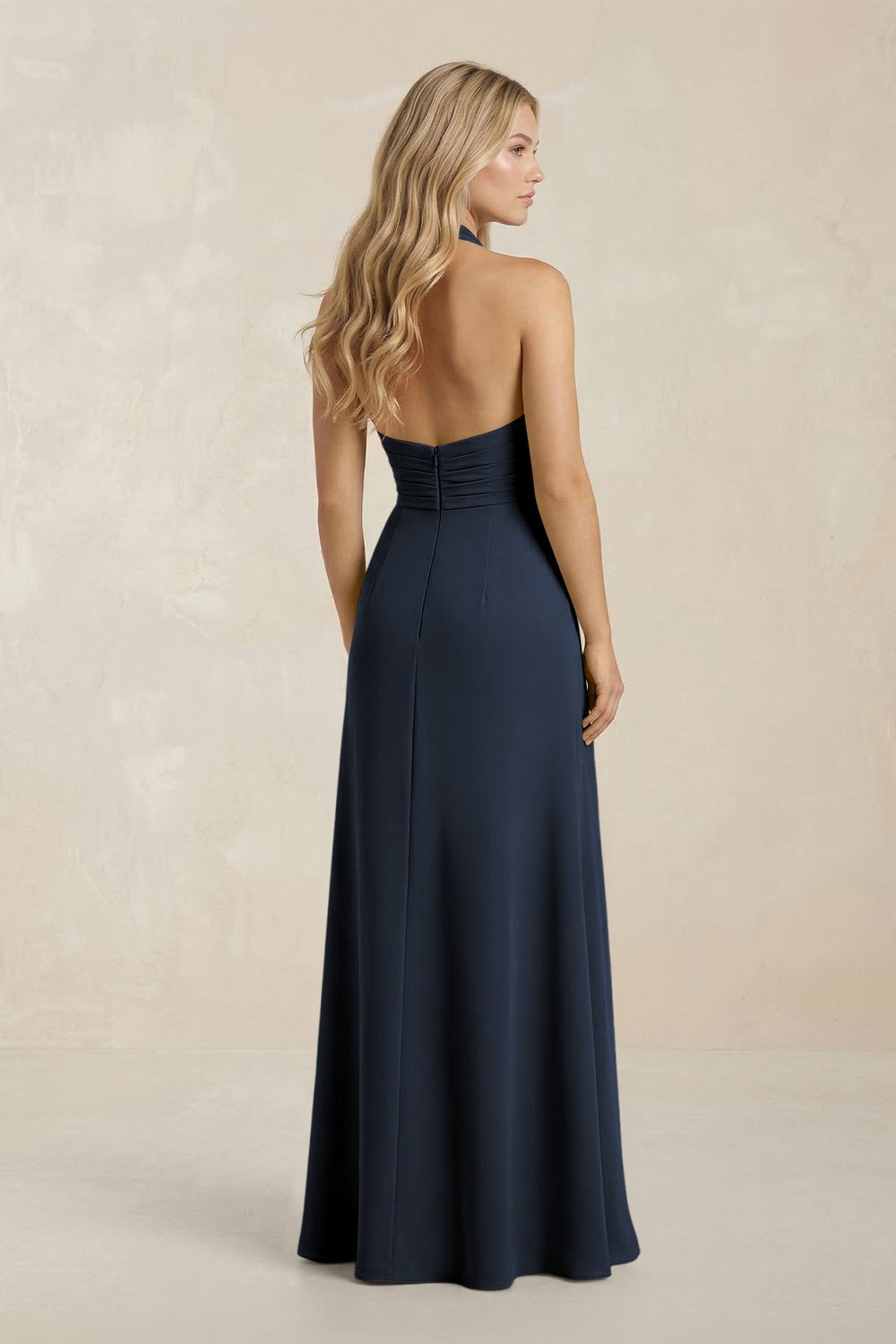 High Neck Chiffon Sheath Ruched Bridesmaid Dress in Dark Navy - KISS BRIDAL Bridesmaid Dresses