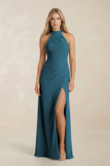 High Neck Chiffon Sheath Ruched Bridesmaid Dress in Dark Teal - KISS BRIDAL Bridesmaid Dresses