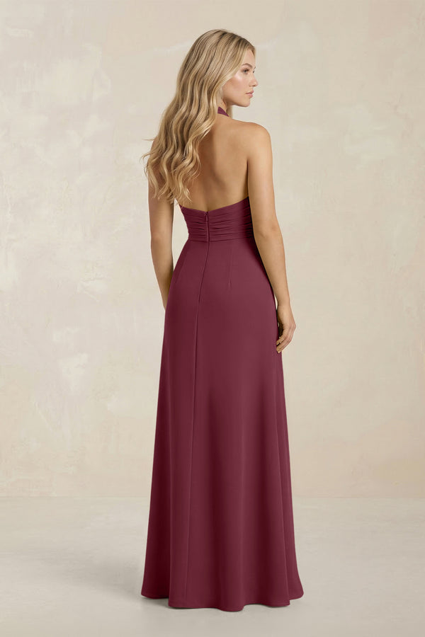 High Neck Chiffon Sheath Ruched Bridesmaid Dress in Desert Rose (2) | KISSBRIDAL