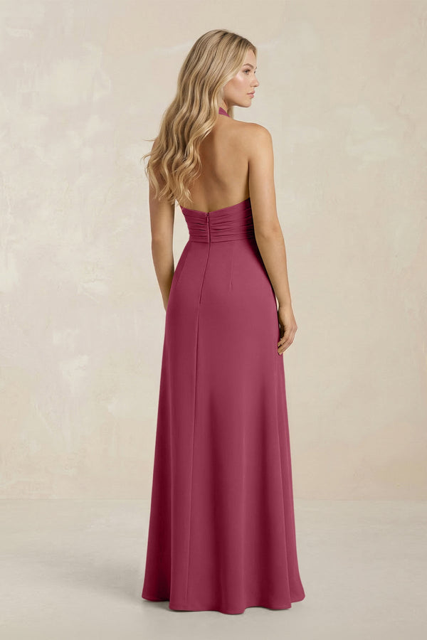 High Neck Chiffon Sheath Ruched Bridesmaid Dress in Desert Rose - SHE IS ME Bridesmaid Dresses