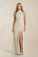High Neck Chiffon Sheath Ruched Bridesmaid Dress in Dove Gray - SHE IS ME Bridesmaid Dresses